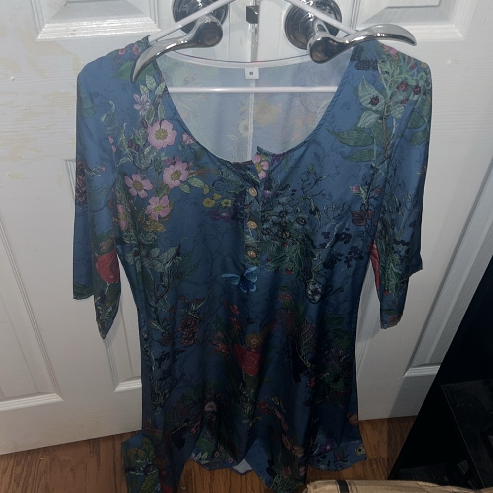 Women’s Floral Blue Casual Midi Dress 3/4 Sleeves with Buttons M
